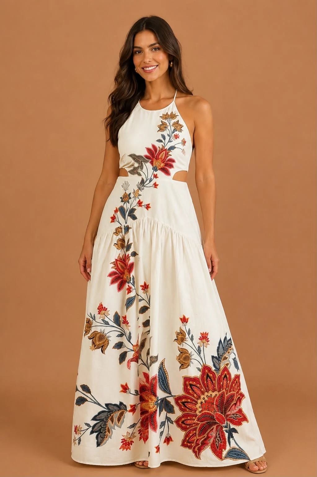 Vestido longo frente boho flor