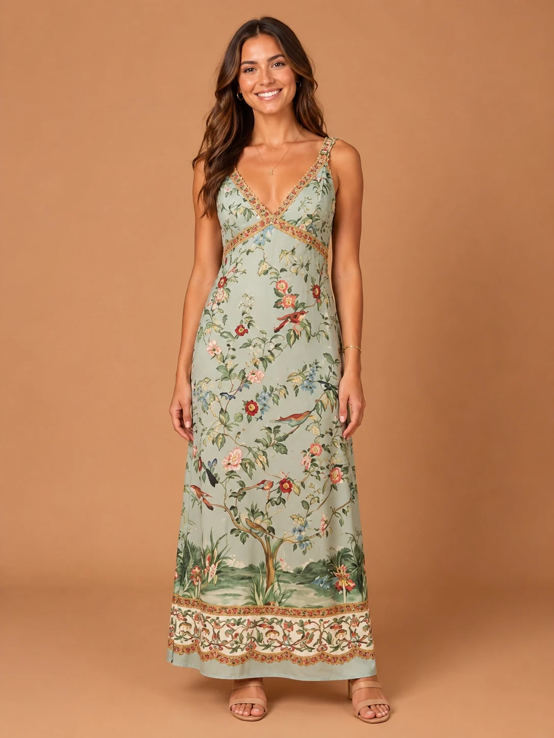 Vestido longo alça canto de pássaros