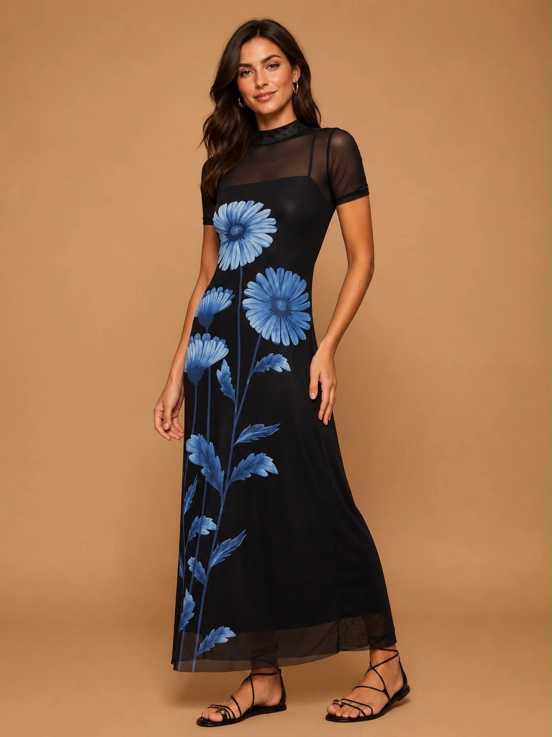 Vestido tule floral preto azul