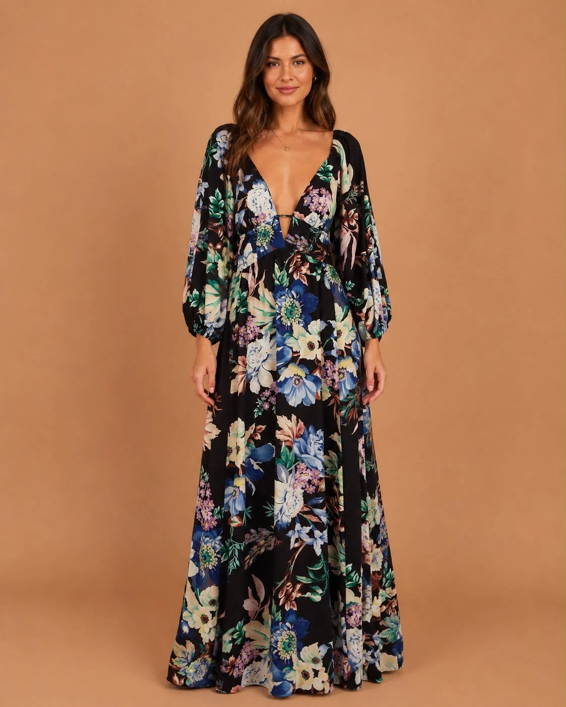 Vestido longo manga floral leni