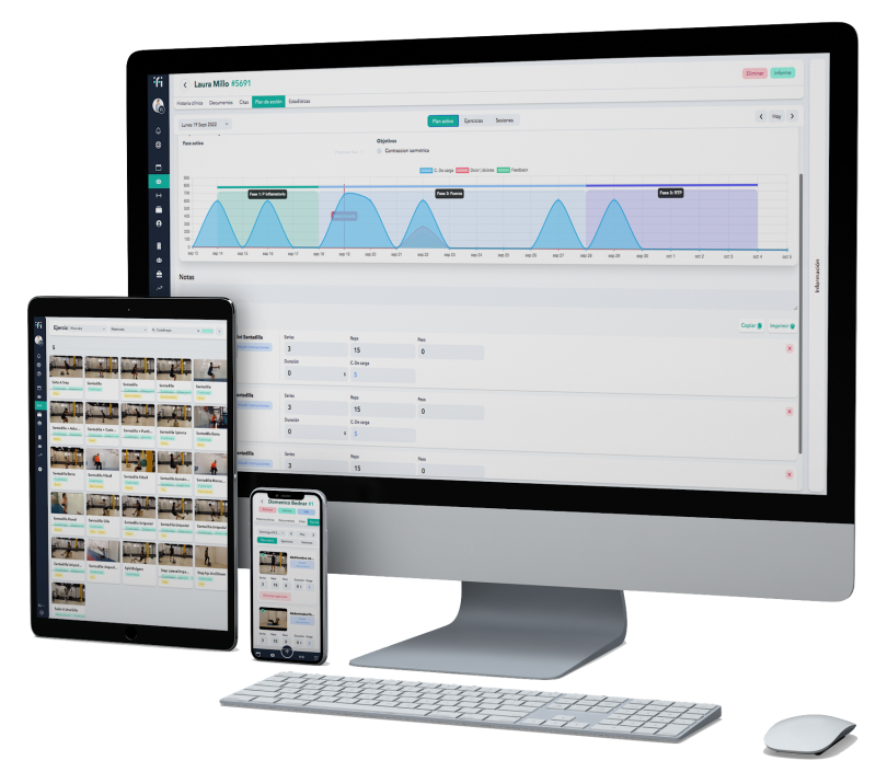 Fisiotrack no computador, tablet e telemóvel a mostrar o plano de exercícios de um paciente