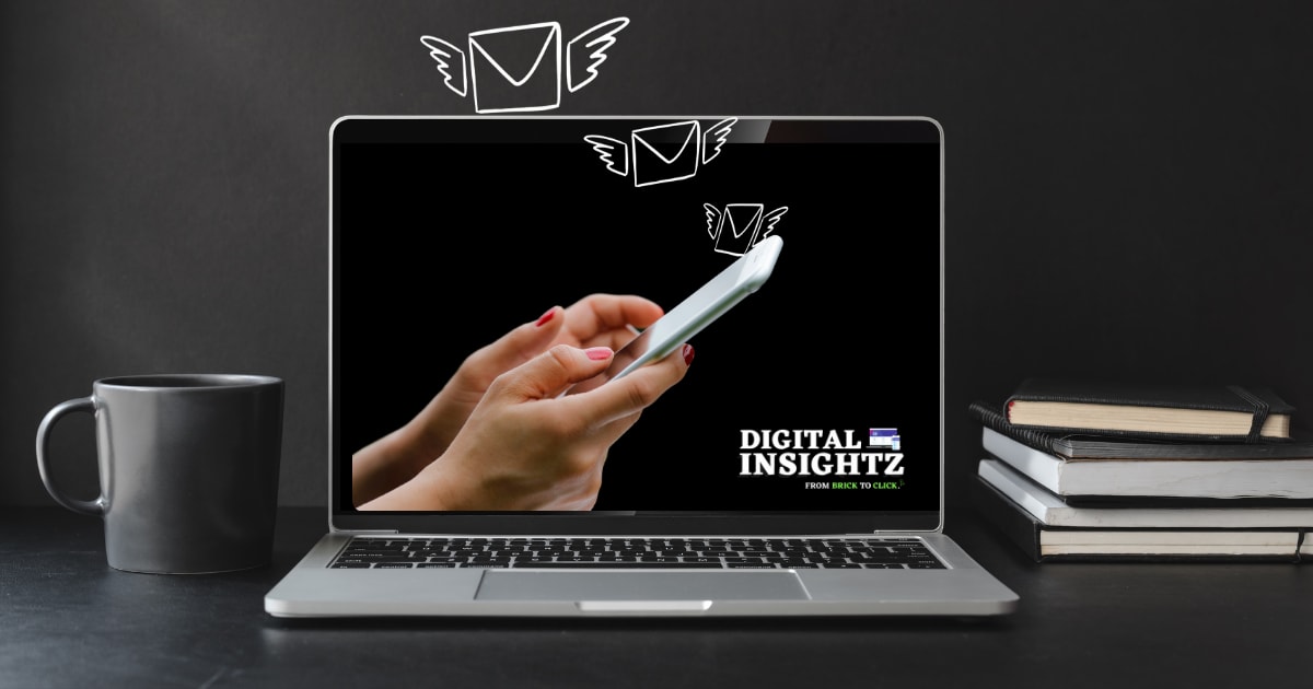 Unsubscribed from Digital Insightz a laptop open with a woman's hand on her cell phone with little email with wings flying away