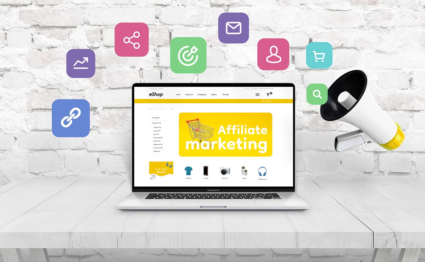 Laptop displaying an e-commerce site promoting affiliate marketing with digital marketing icons like social sharing, email, and shopping cart, emphasizing online business strategies.