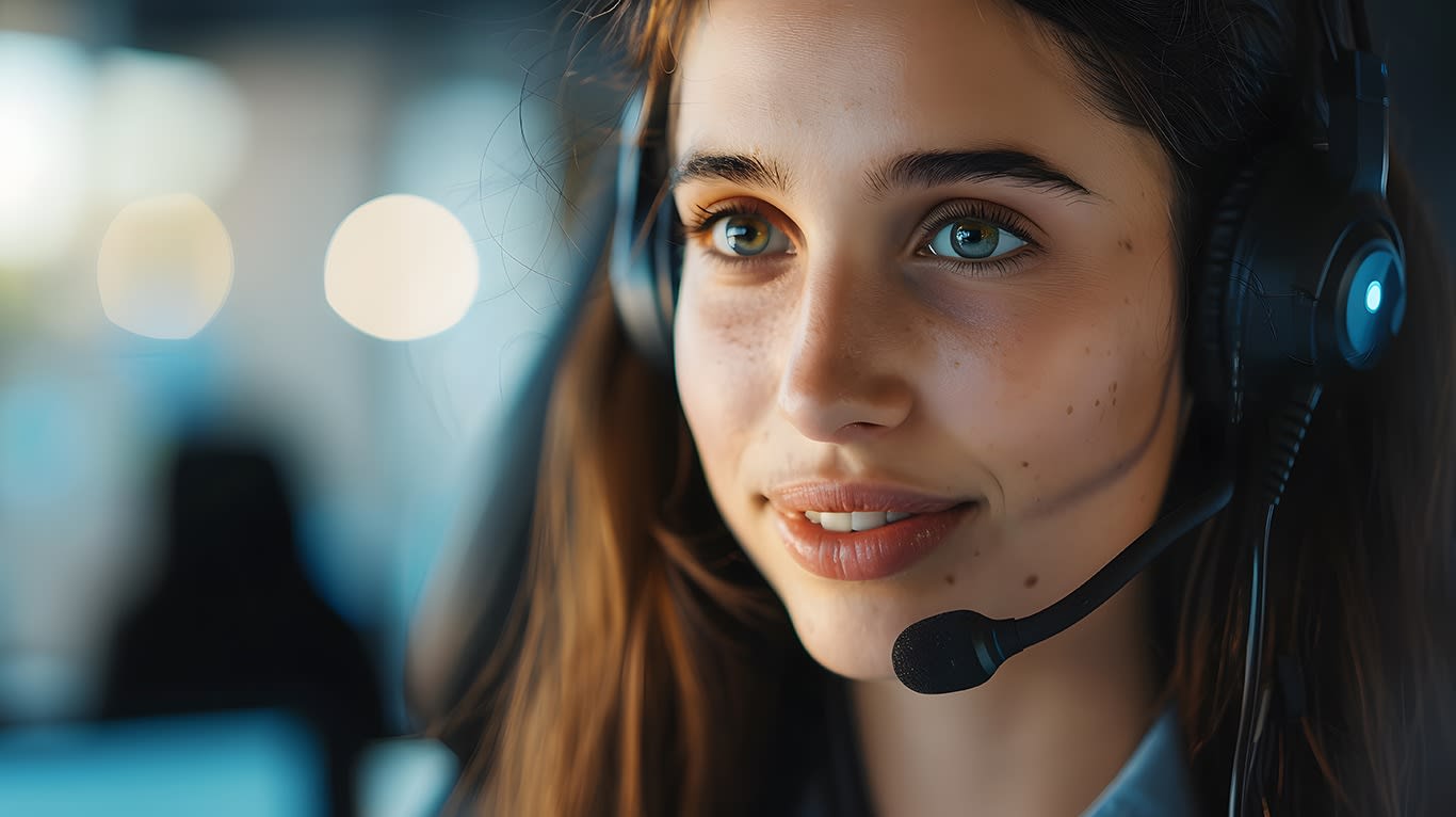 Close-up of a woman wearing a headset with a microphone, likely working in customer service or a call center, with a focused and attentive expression.