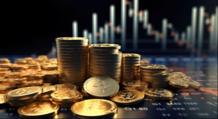 Stacks of cryptocurrency coins, including Bitcoin, placed on a financial chart background with a rising candlestick graph, symbolizing cryptocurrency investment and market growth.