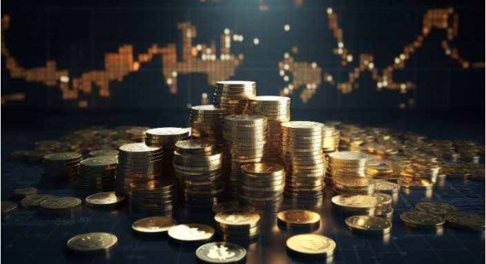 Stacks of gold cryptocurrency coins, including Bitcoin, on a financial chart background with a candlestick graph, symbolizing cryptocurrency investment and market trends.
