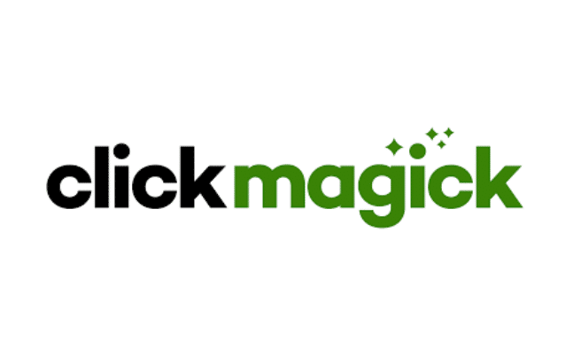 ClickMagick logo with "click" in black, "magick" in green, and sparkles above the "i," representing digital marketing and tracking tools.