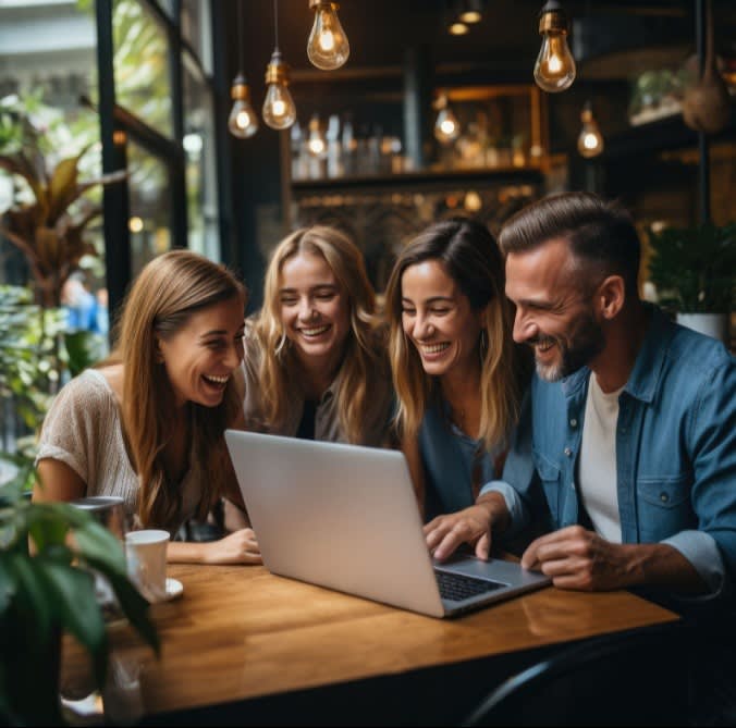 Four friends, three women and one man, laughing together while looking at a laptop screen in a cozy coffee shop, illuminated by hanging Edison bulbs overhead.