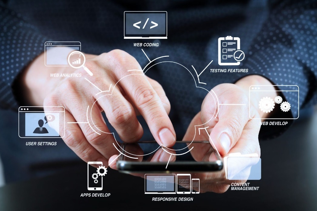 Hands using smartphone with web development icons and elements connected in a circular flow diagram.