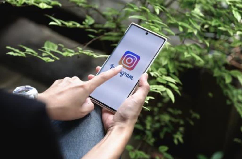 Close-up of a person using a smartphone with the Instagram logo on the screen, surrounded by green plants outdoors.