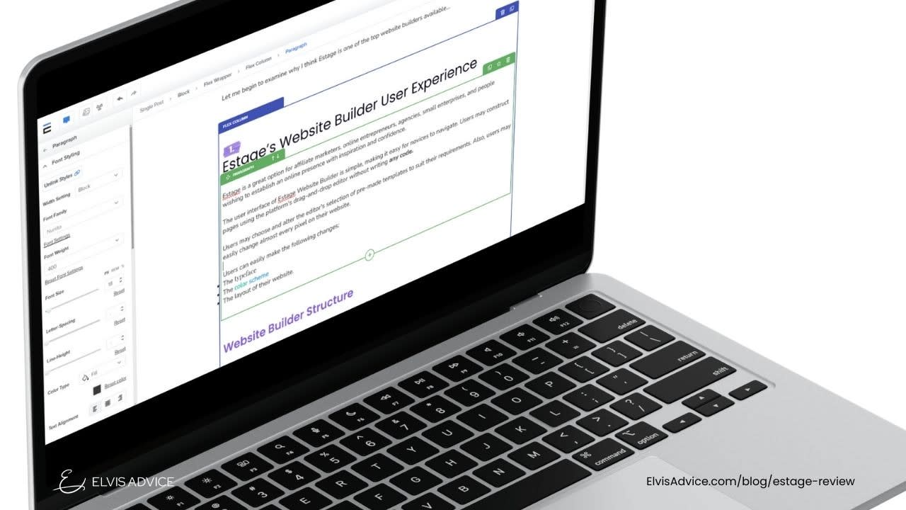 Estage Website Builder Reivew - Elvis Advice - Image of the no code Drag and Drop Editor