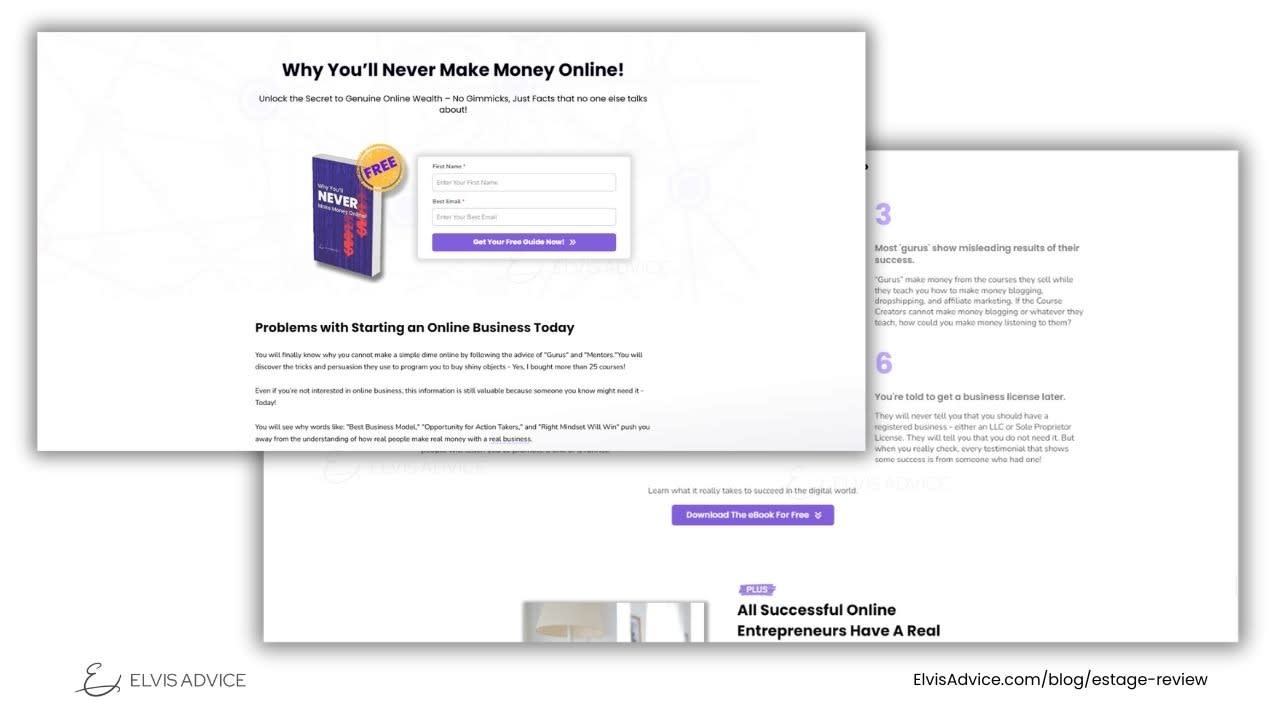 Estage Website Builder Reivew - Elvis Advice - Image of Elvis's eBook Landing Page