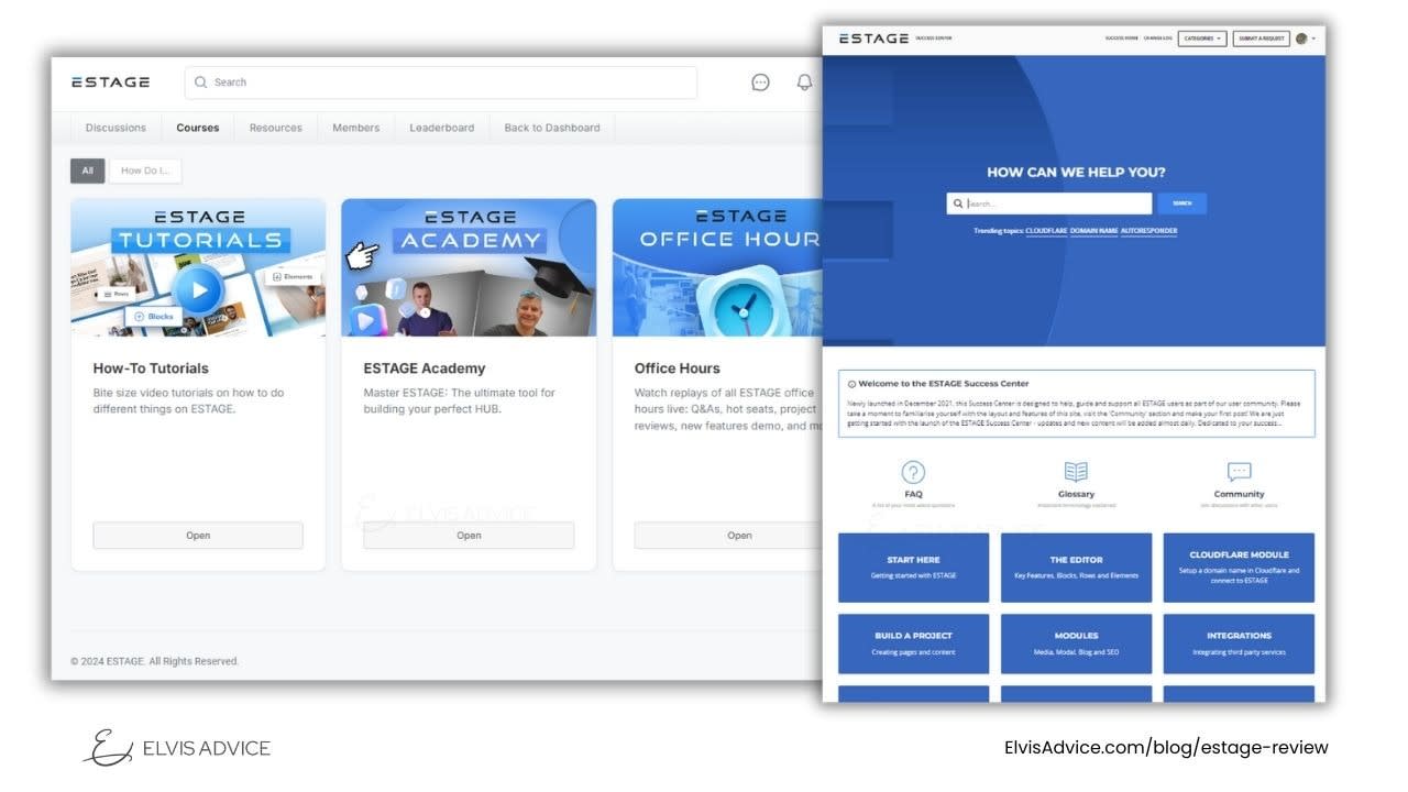 Estage Website Builder Reivew - Elvis Advice - Image of Estage's Support Page