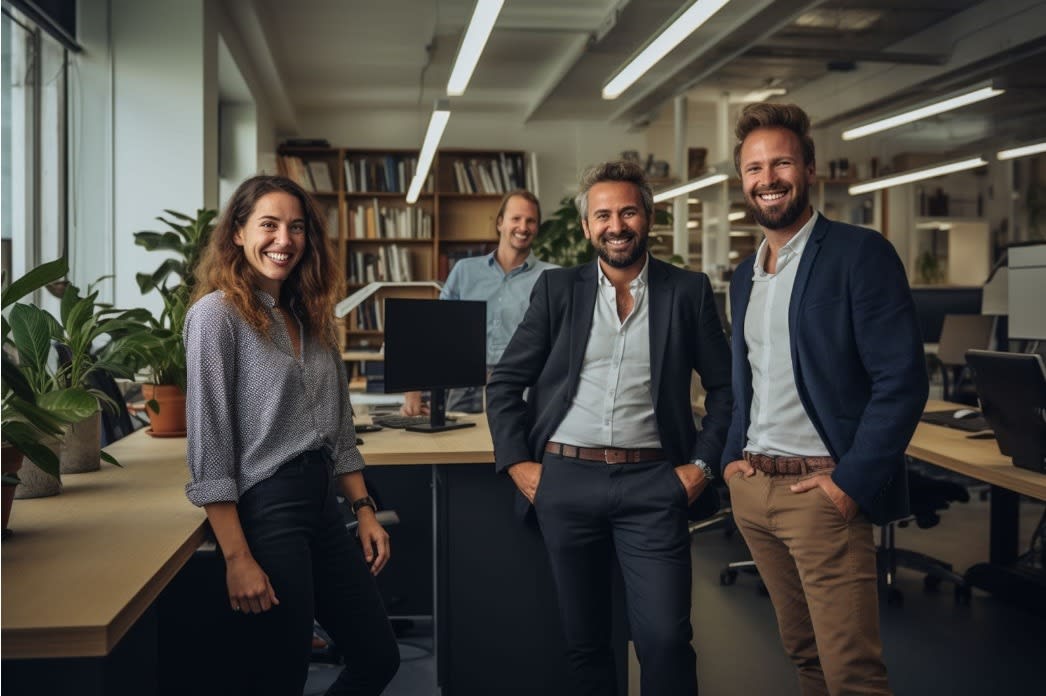 Smiling professional team of four standing in a modern office with desks, plants, and shelves.