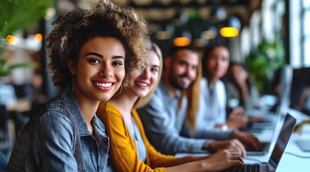 A smiling woman sitting with colleagues working on laptops in a modern office, representing teamwork and a collaborative work environment.
