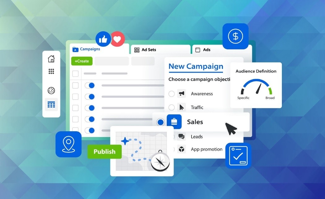 A digital interface for managing ad campaigns, showing options for sales, traffic, audience targeting, and a publish button, representing online ad campaign management.