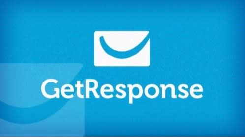 GetResponse logo featuring a white envelope with a curved line on a blue background, symbolizing email marketing services.