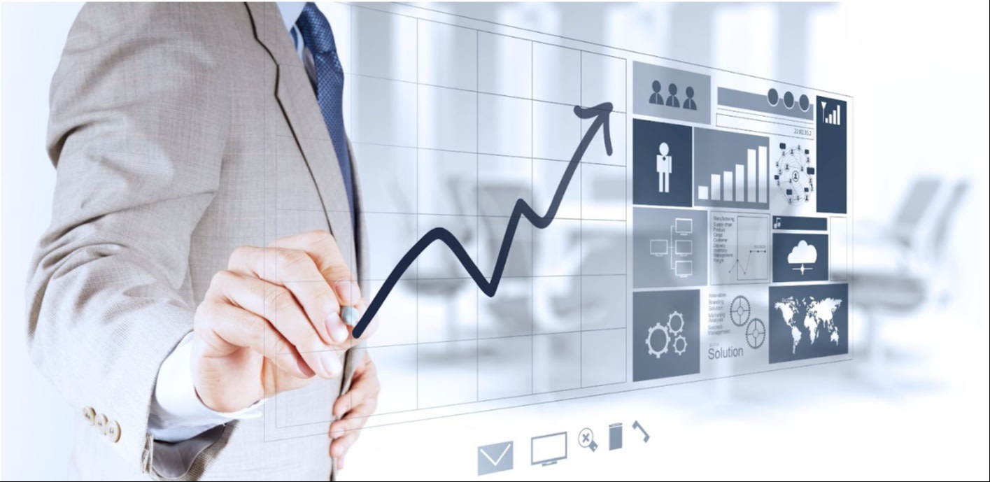 A person in a suit illustrating a rising line graph on a futuristic interface with multiple business data visuals, emphasizing growth and performance analysis.