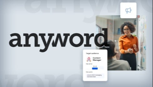 Anyword logo alongside a photo of a woman in an orange blouse giving a presentation, with digital graphics displaying a target audience profile labeled "Content Manager" and a megaphone icon symbolizing marketing.