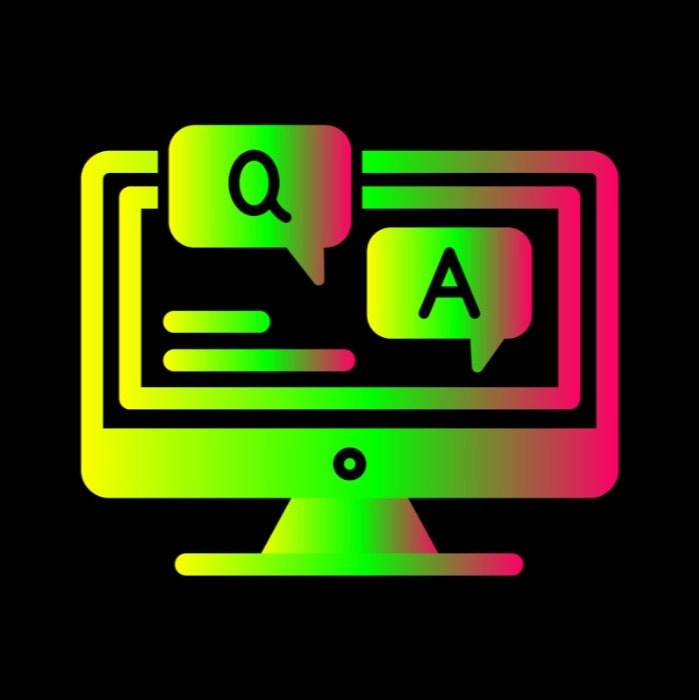 Neon gradient Q&A icon on a computer screen, representing online support or interactive sessions.