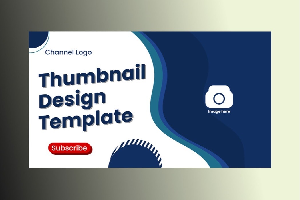 YouTube thumbnail design template with "Thumbnail Design Template" text, a placeholder for a channel logo, a red "Subscribe" button, and a blue background with an image placeholder.