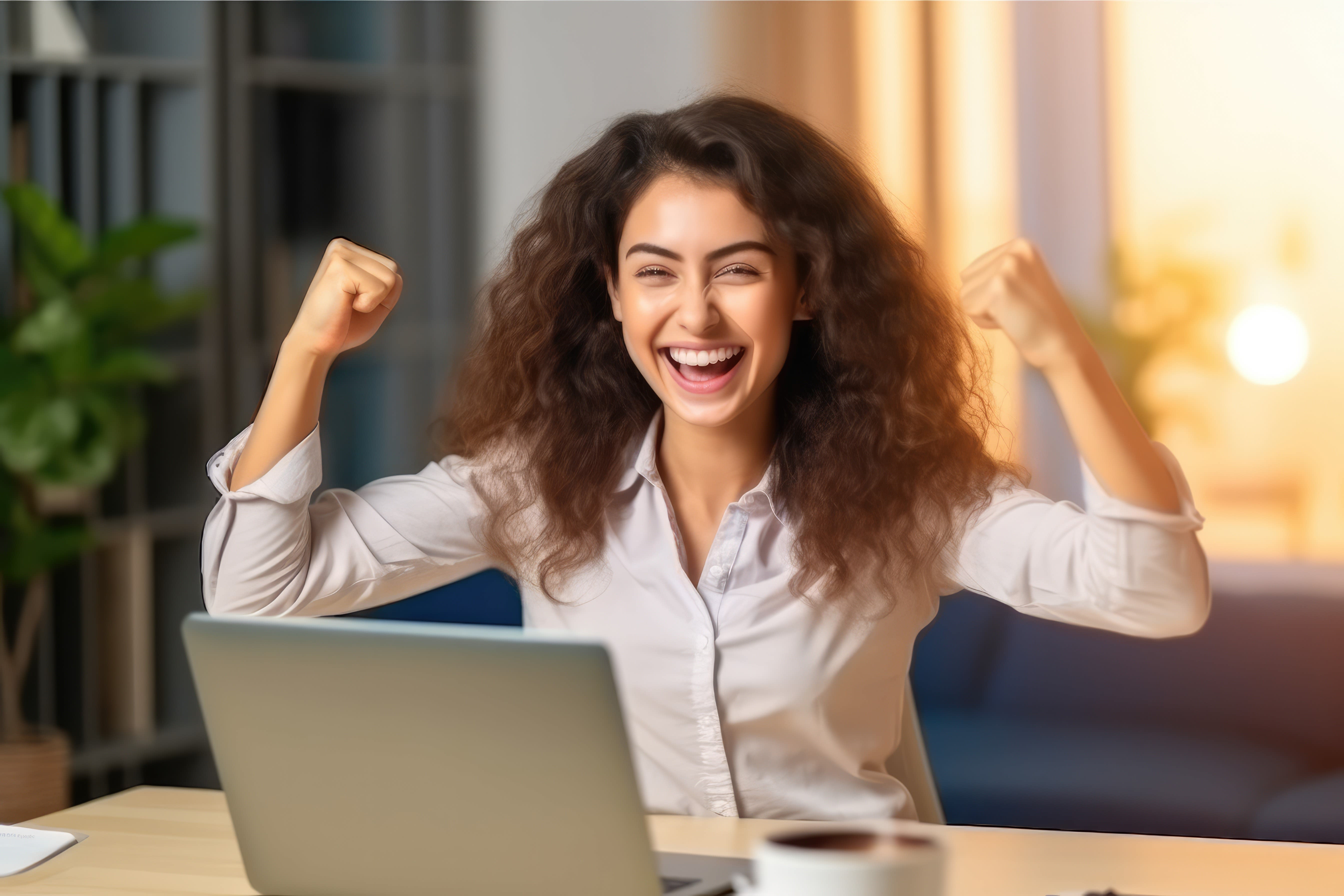 Smiling woman with curly hair celebrating in front of a laptop, raising her fists in joy, with a warmly-lit indoor setting in the background.