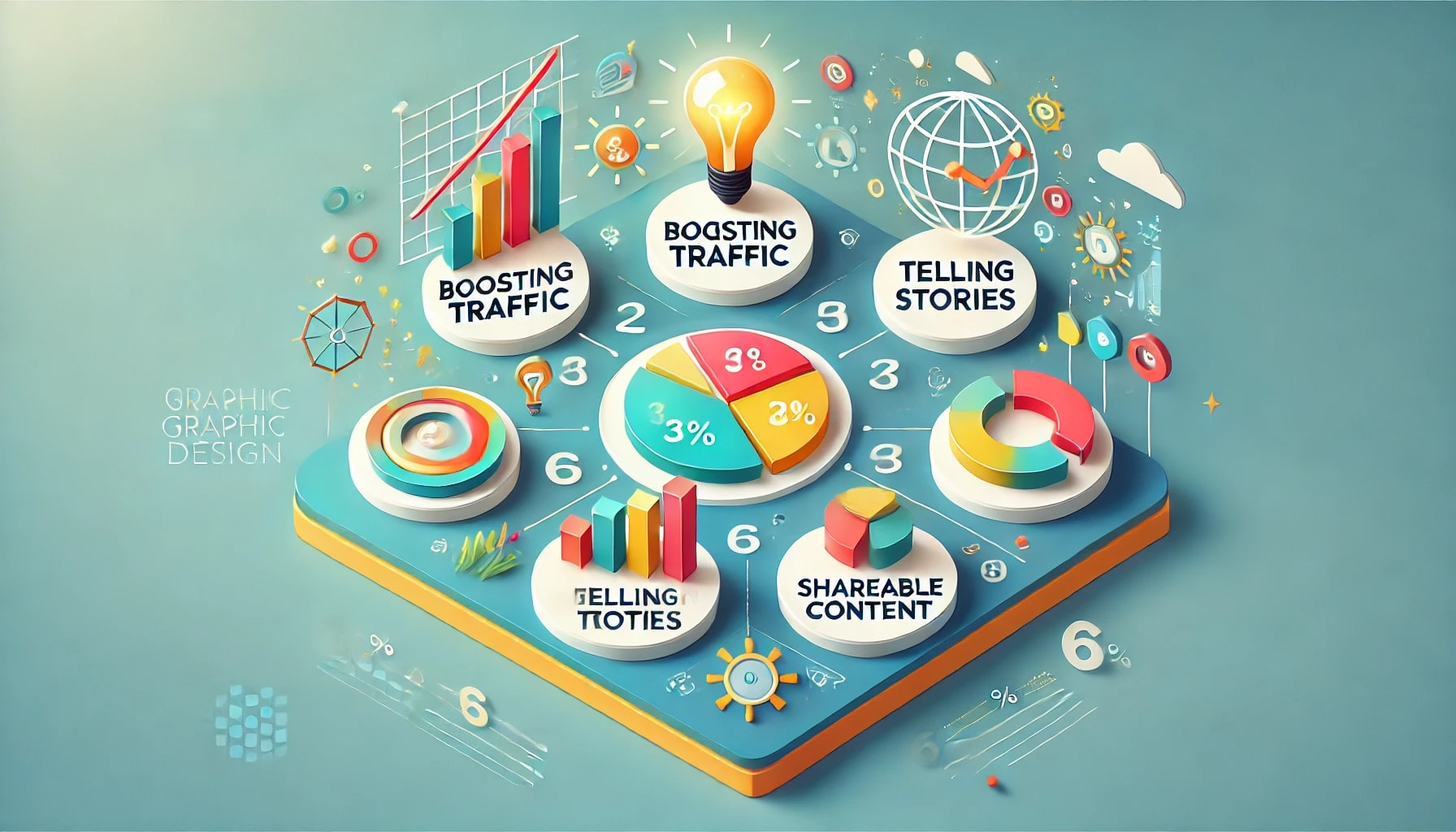 An infographic visually summarizing the importance of using graphic designs for blogs. The design features six numbered points, each represented with