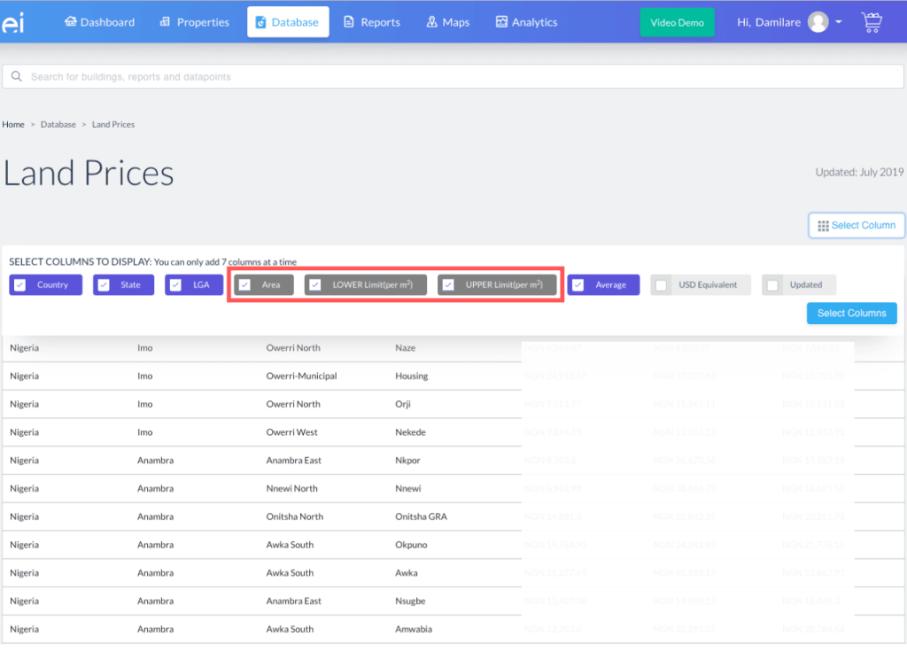 Pre-selected boxes in ei Web App Select Column feature