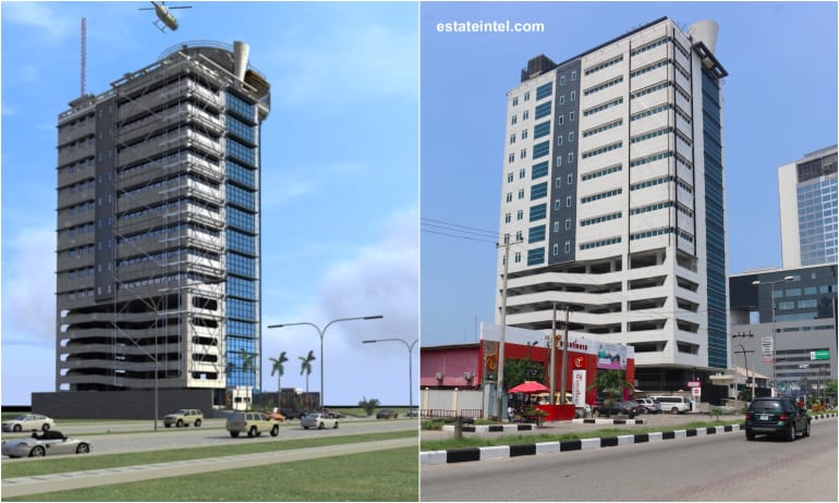 Kanti Tower. Computer Generated Image vs Completed/Current Status. Image Source: Dolapo Omidire.