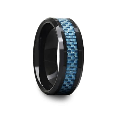 Black Ceramic Beveled Edged Ring with Blue Carbon Fiber Inlay