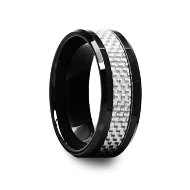 Black Ceramic Beveled Edged Ring with White Carbon Fiber Inlay