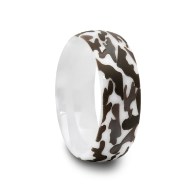 White Ceramic Ring with Laser Engraved Camouflage