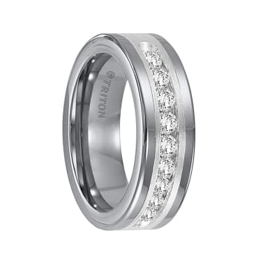 Triton Ring 8mm Tungsten carbide comfort fit band with satin finish silver inlay and channel set diamonds