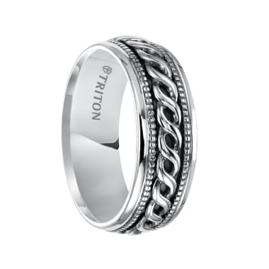 Triton Ring 7mm Sterling Silver Cast Rope and Milgrain Comfort Fit Domed Band with Black Oxidation