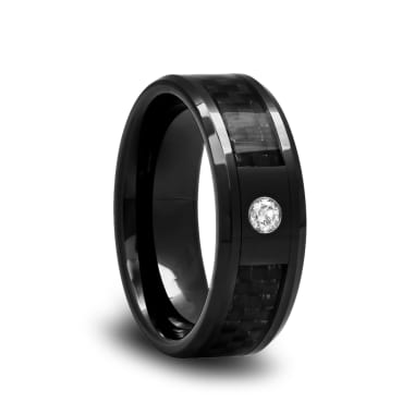 Black Ceramic Diamond Wedding Band with Carbon Fiber Inlay and Beveled Edges