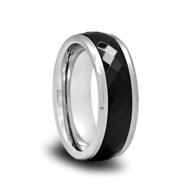 Polished Spinner Ring with Black Ceramic Diamond Facets and Beveled Edges