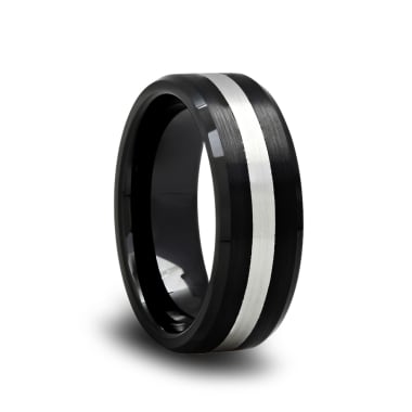Brushed Black Ceramic Ring with Beveled Edges and Tungsten Inlay