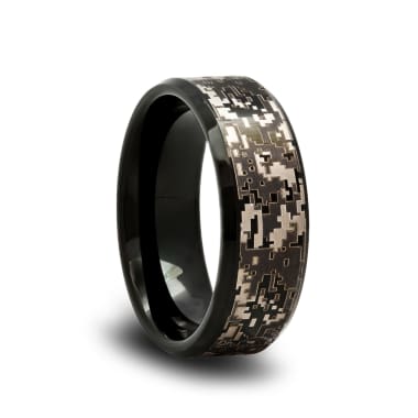 Black Camo Tungsten Wedding Band with Digital Camouflage Pattern and Beveled Edges