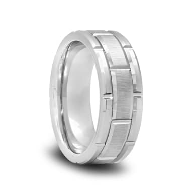 Tungsten Wedding Band with a Brushed Center and Alternating Grooves
