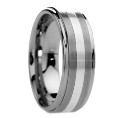 Raised Center Tungsten Carbide Ring with Silver Inlay 8mm