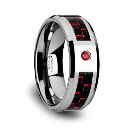 ADRIAN Tungsten Carbide Ring with Black and Red Carbon Fiber and Red Ruby Setting with Bevels - 8mm