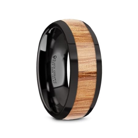 AMBROSE Black Ceramic Polished Edges Men’s Domed Wedding Band with Red Oak Wood Inlay - 8mm