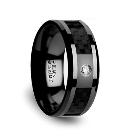 ANGUS Black Ceramic Diamond Wedding Band with Black Carbon Fiber Inlay- 8mm