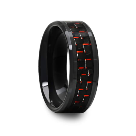 Black Ceramic Beveled Ring with Red and Black Carbon Fiber Inlay