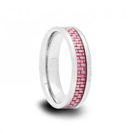 Beveled Tungsten ring with a pink carbon fiber inlay 