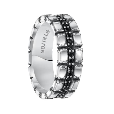 Triton Ring 7.5mm Sterling Silver Cast Wedding Band with Black Sapphire Center and Black Oxidation Finish