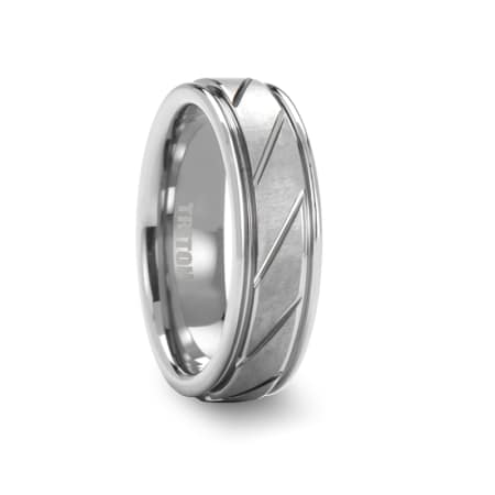 Triton Ring 7mm Tungsten Carbide Flat Satin Finish Center with Bright Diagonal Cuts and Rims Comfort Fit Band