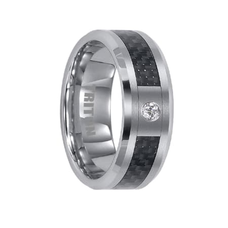 Triton Ring 8mm Tungsten carbide Bevel Edge comfort fit diamond band with black carbon fiber inlay