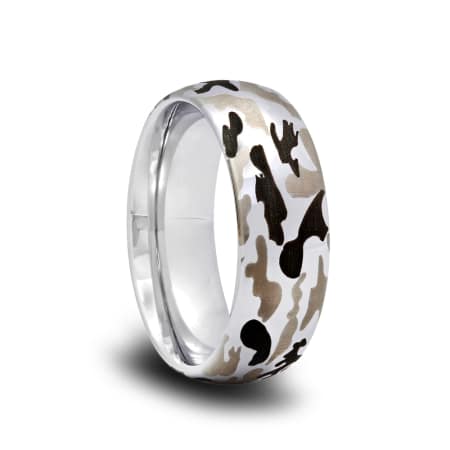 Domed Camo Tungsten Wedding Band with Gray and Brown Camoflauge Patterns