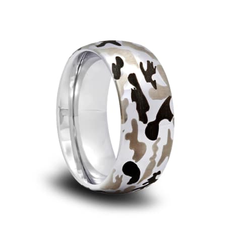 Domed Camo Tungsten Wedding Band with Gray and Brown Camoflauge Patterns